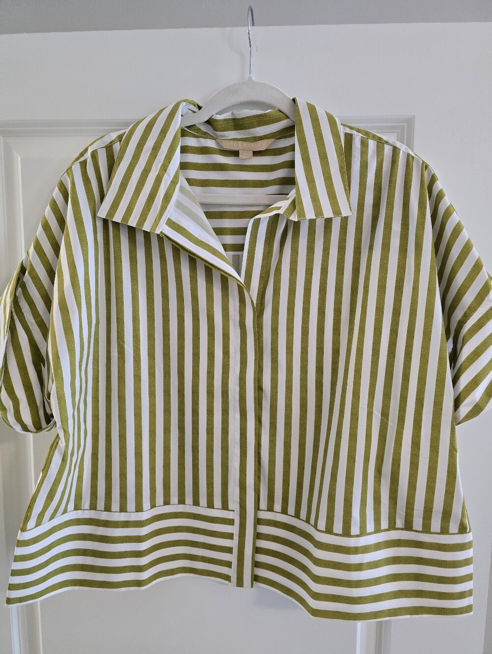 Hope An HARLOW Olive Green and White Striped Button-Front Shirt Jacket